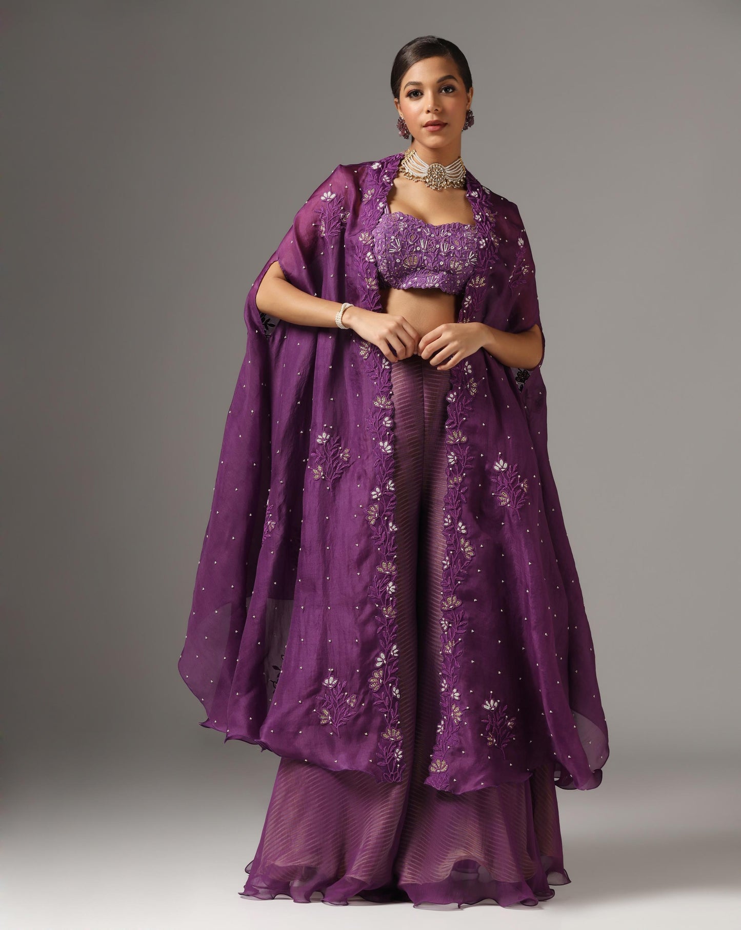 Purple Organza Dori Embroidered Cape Set