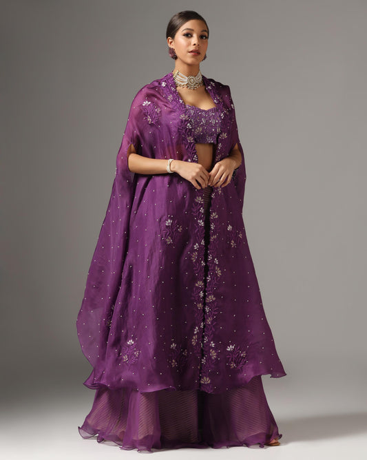 Purple Organza Dori Embroidered Cape Set