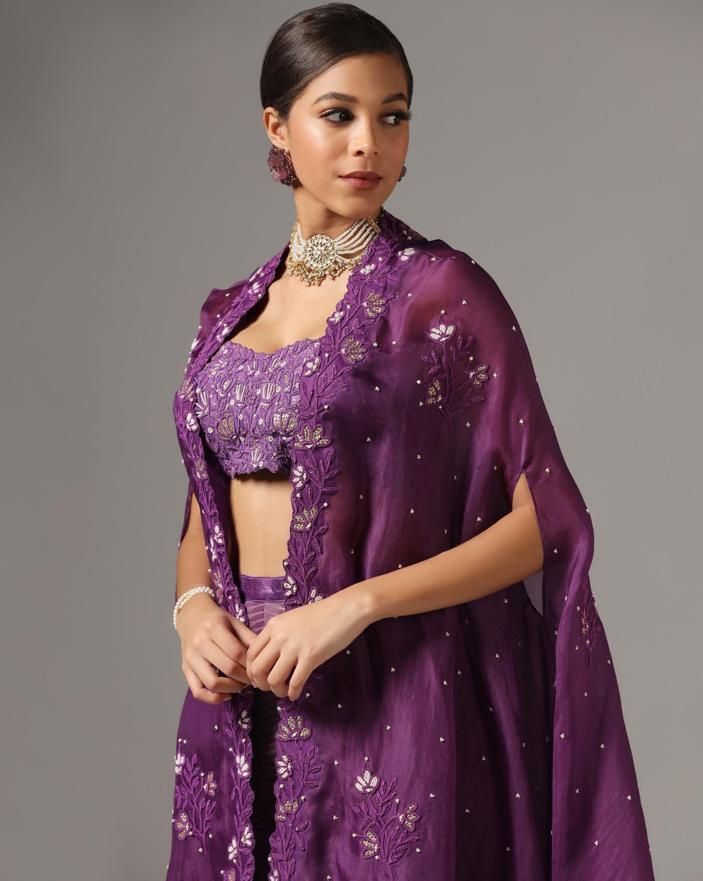 Purple Organza Dori Embroidered Cape Set