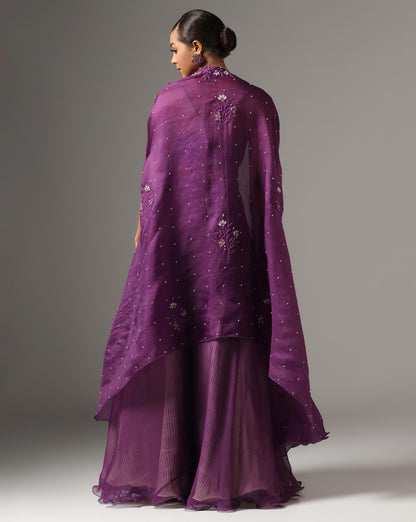 Purple Organza Dori Embroidered Cape Set