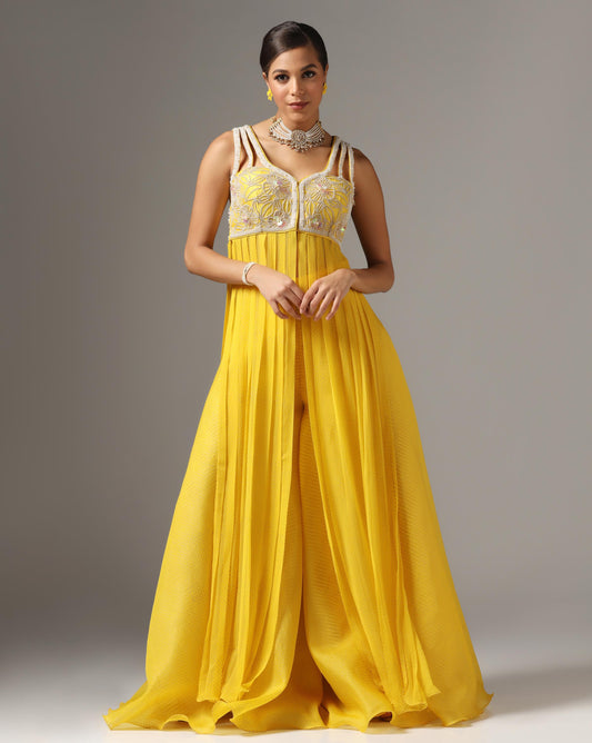 Yellow Organza & Chiffon Embroidered Anarkali Set