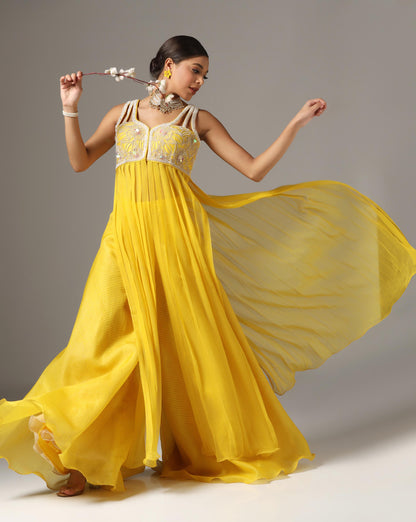 Yellow Organza & Chiffon Embroidered Anarkali Set