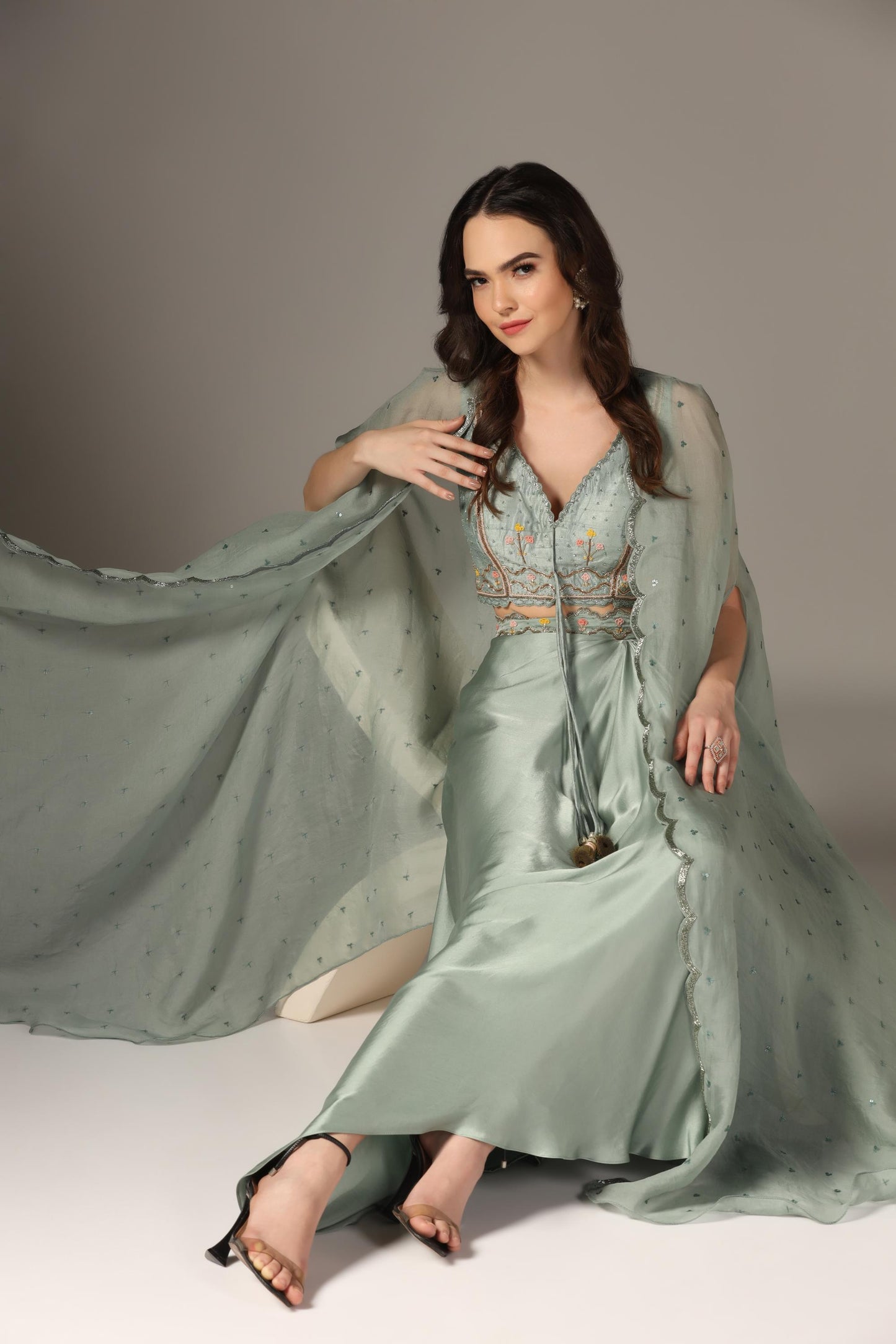 Dull Green Organza & Raw Silk Draped Skirt Set