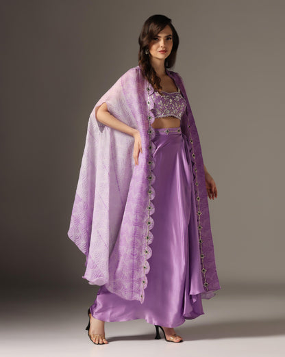 Lilac Raw Silk & Organza Draped Skirt Set