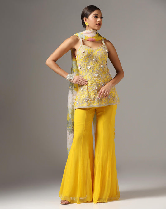 Yellow Raw Silk Embroidered Strappy Kurta Set