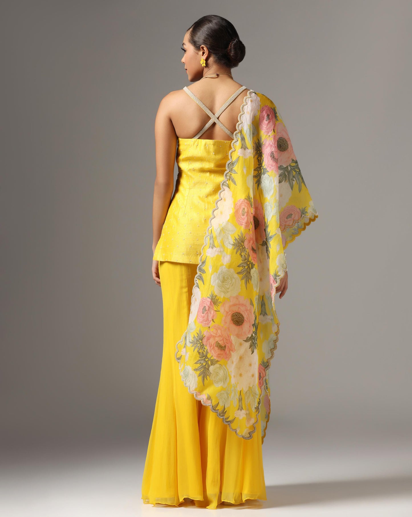 Yellow Raw Silk Embroidered Strappy Kurta Set