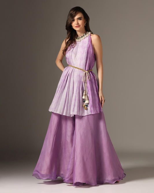 Lilac Organza Embroidered Pleated Kurta Set