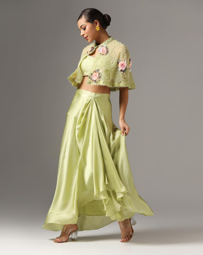 Jade Chamois Satin Draped Skirt Set