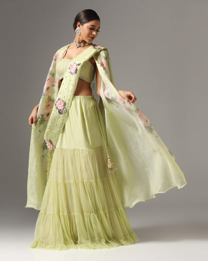 Dull Green Organza Printed Cape Set