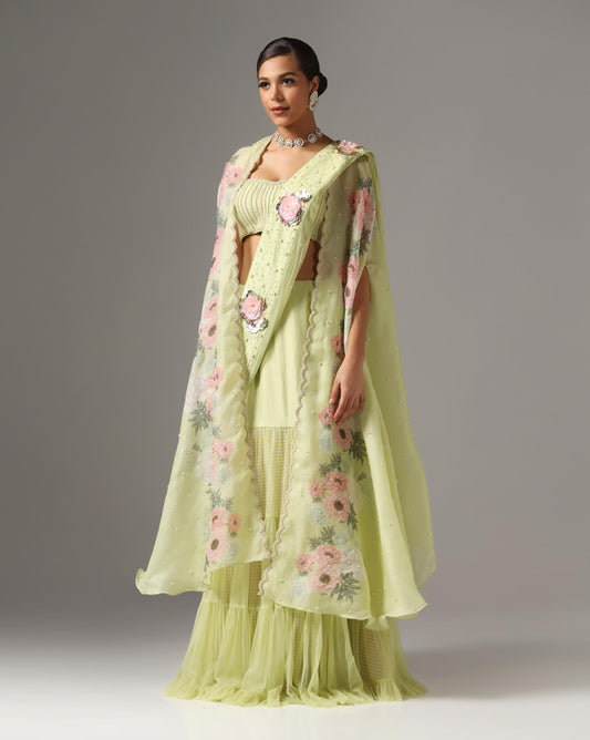 Dull Green Organza Printed Cape Set