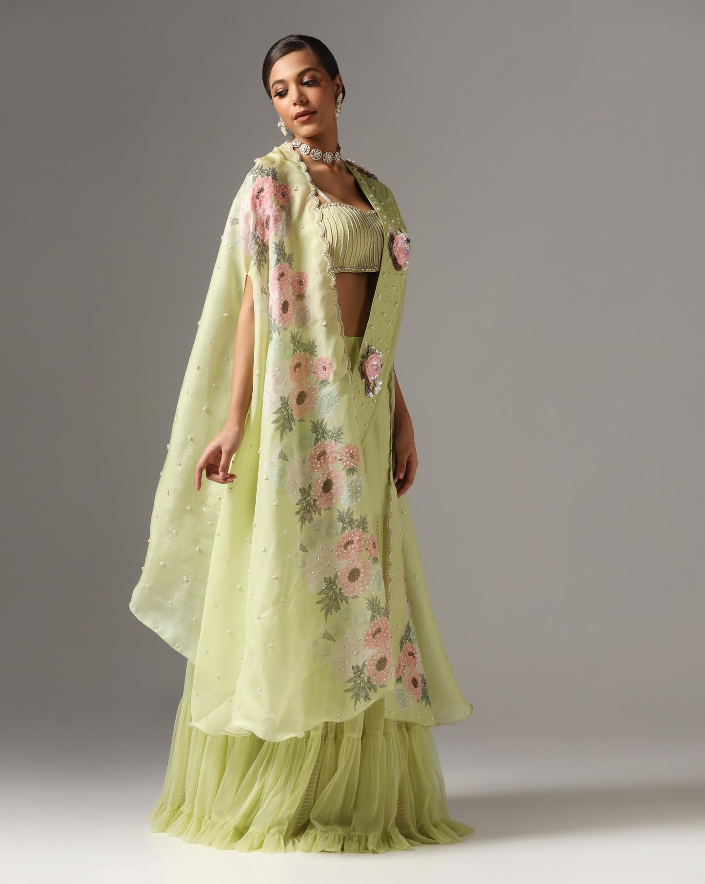 Dull Green Organza Printed Cape Set