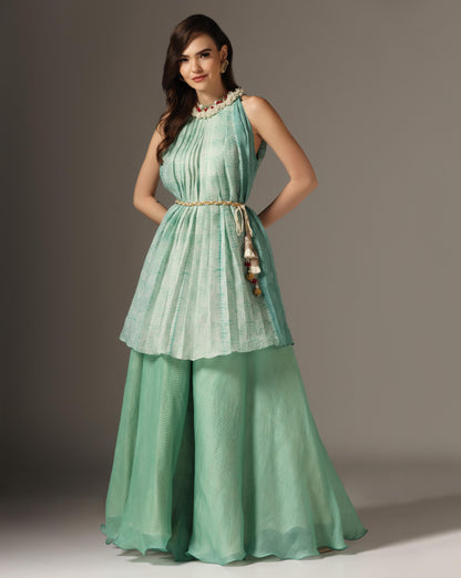 Pleated Shibori top with belt and Palazzo