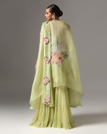 Dull Green Organza Printed Cape Set