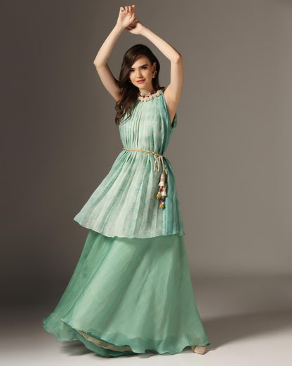 Pleated Shibori top with belt and Palazzo