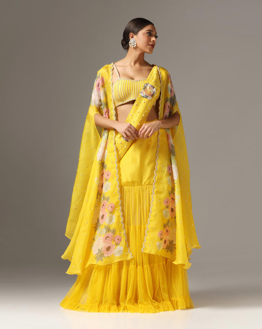 Yellow Organza Printed Cape Set