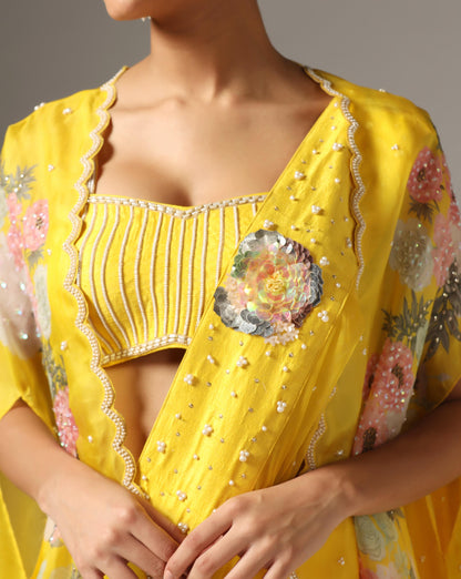 Yellow Organza Printed Cape Set