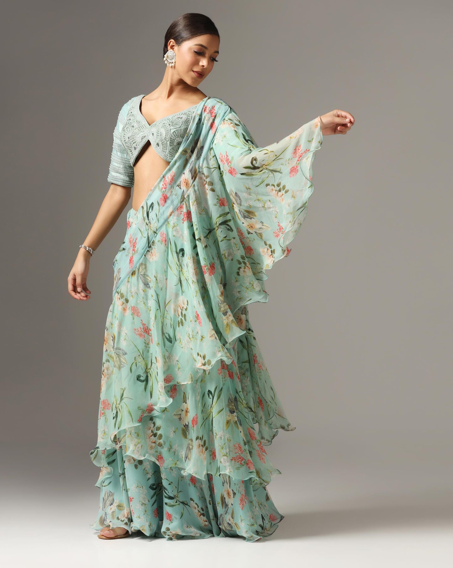 Eco Green Chiffon Printed Pre-Stitched Frilled Saree Set