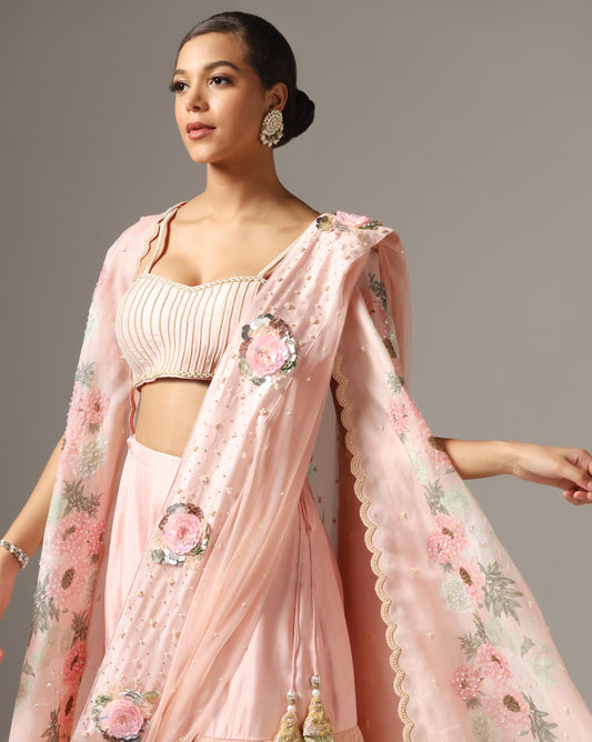 Pink Organza Printed Cape Set