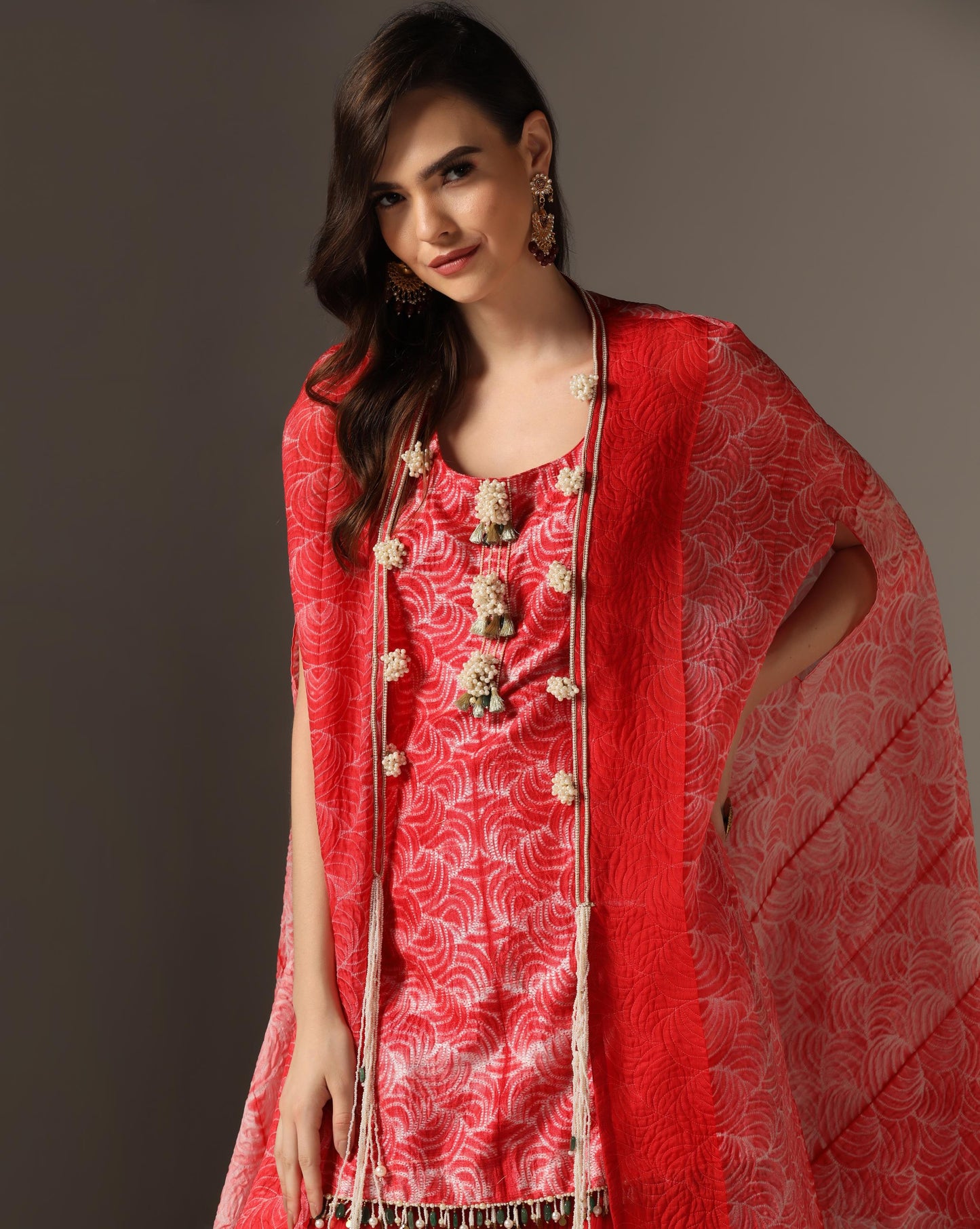 Red Organza & Chiffon Embroidered Kurta Set