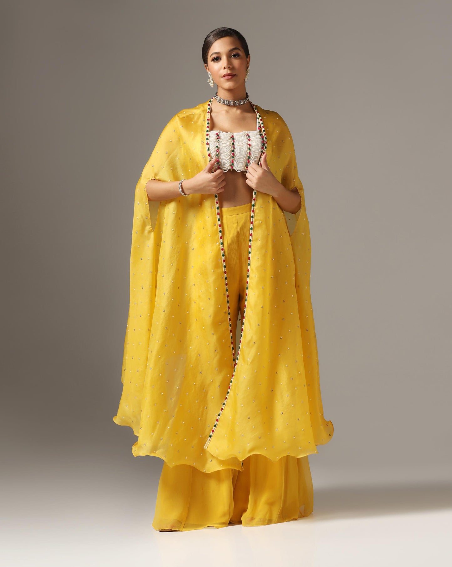 Mustard Organza Embroidered Cape Set