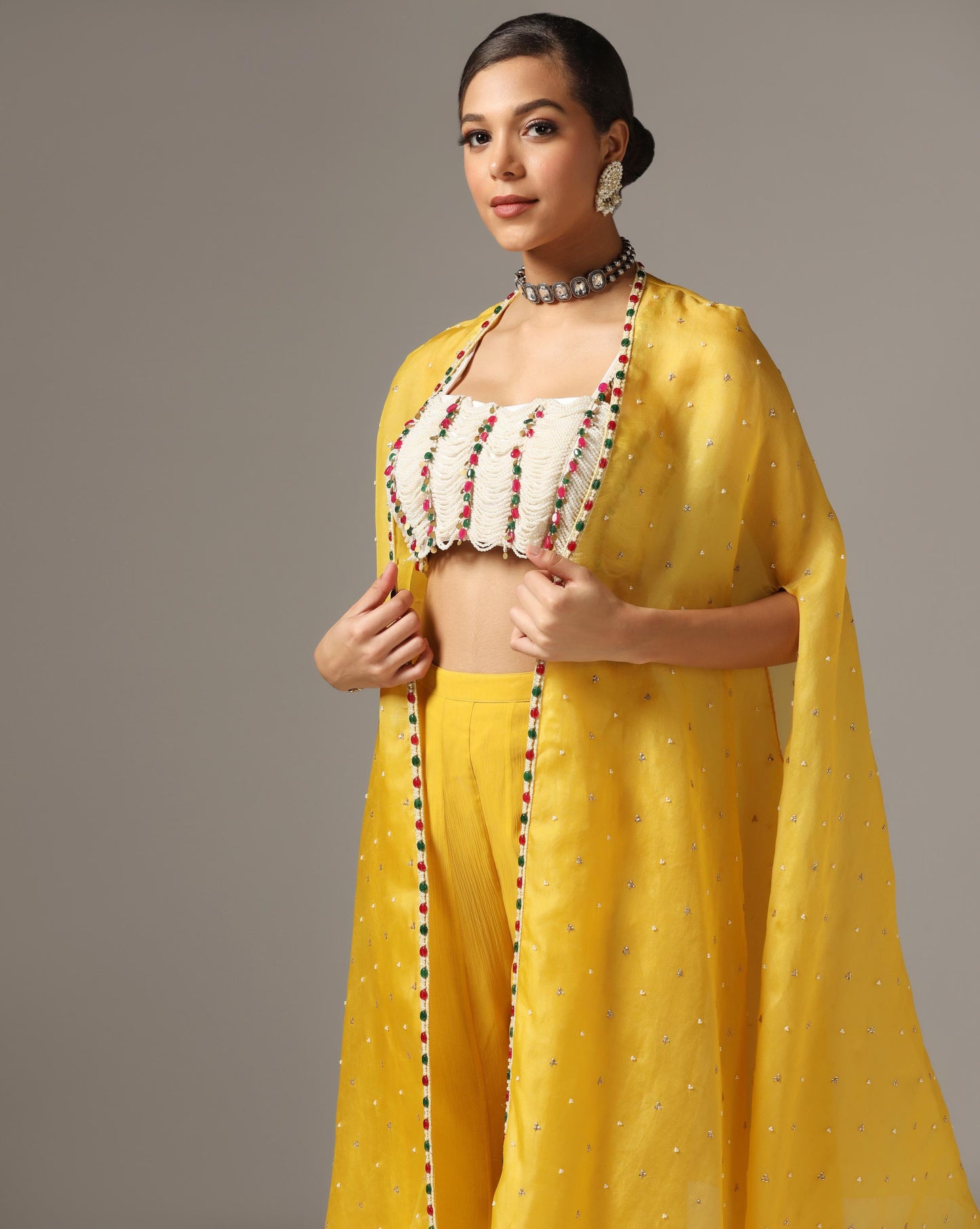 Mustard Organza Embroidered Cape Set