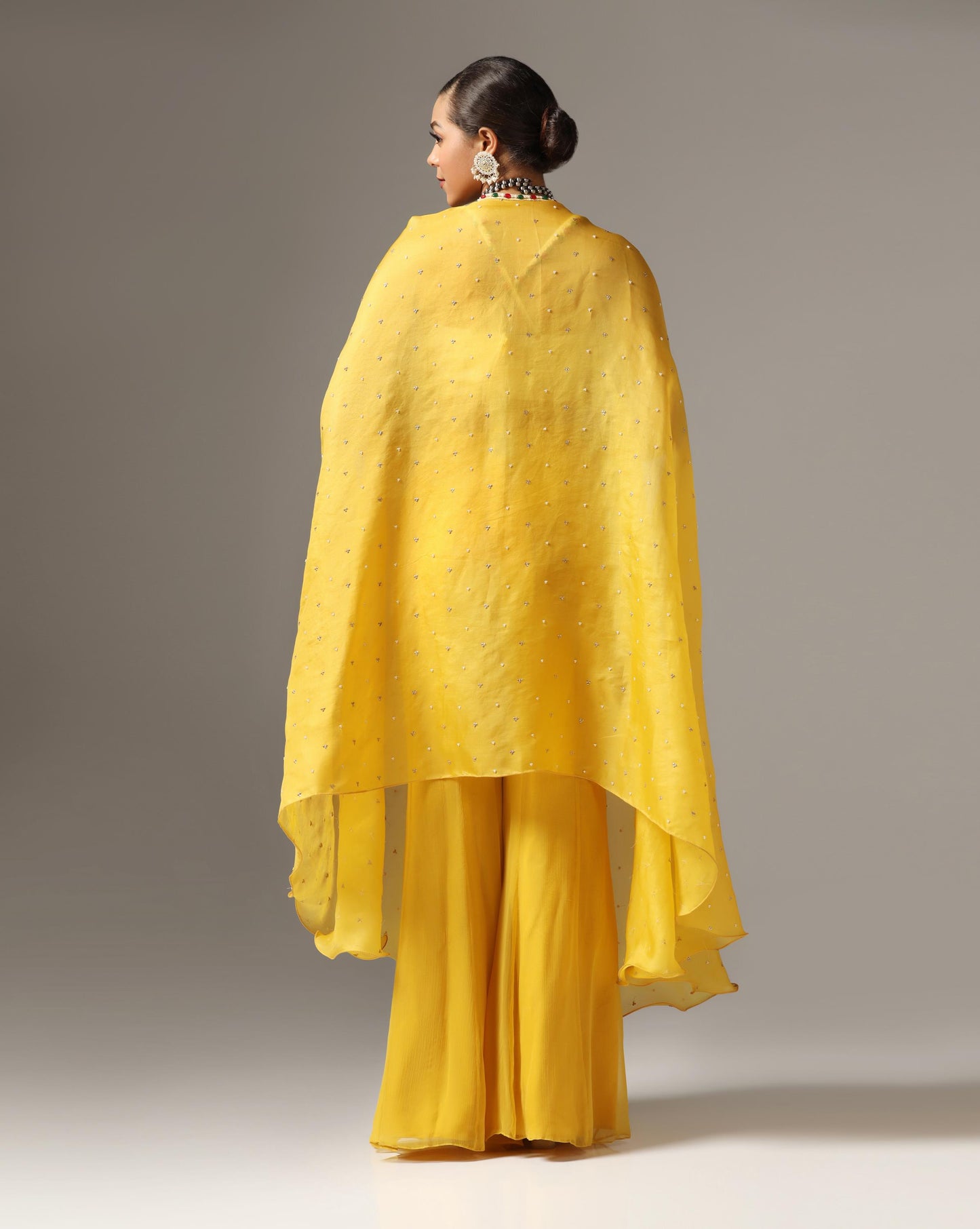 Mustard Organza Embroidered Cape Set