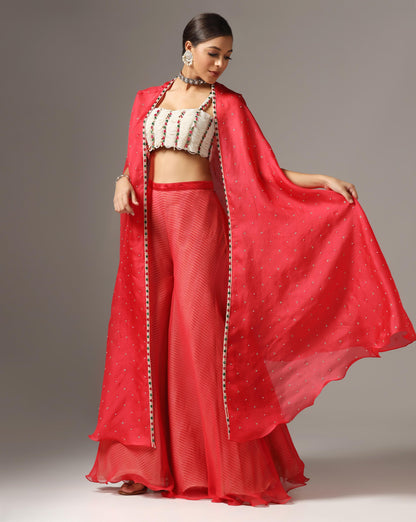 Red Organza Embroidered Cape Set