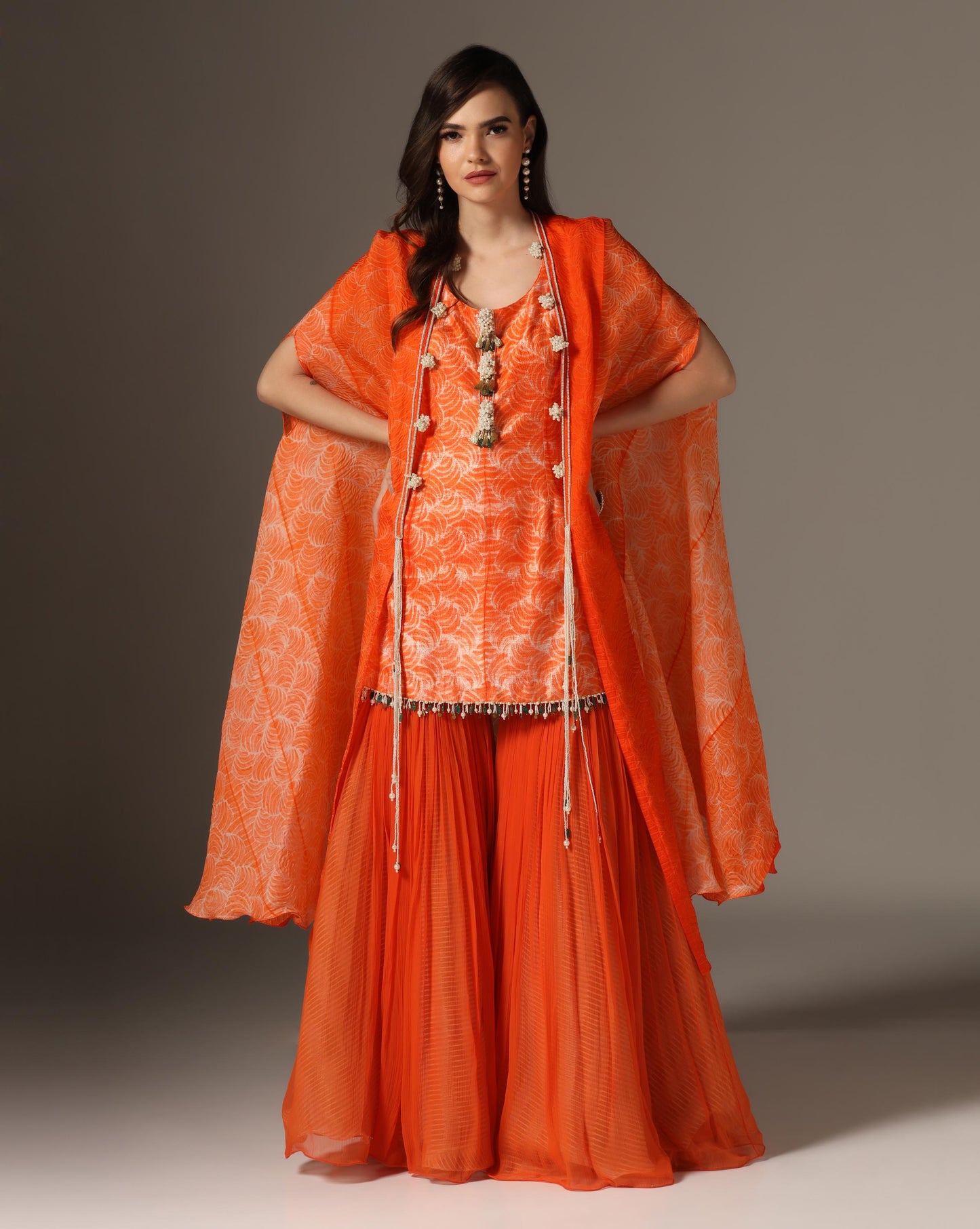 Orange Organza & Chiffon Embroidered Kurta Set