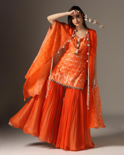 Orange Organza & Chiffon Embroidered Kurta Set