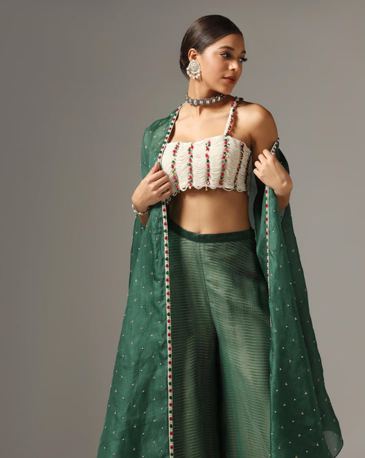 Dark Green Organza Embroidered Cape Set