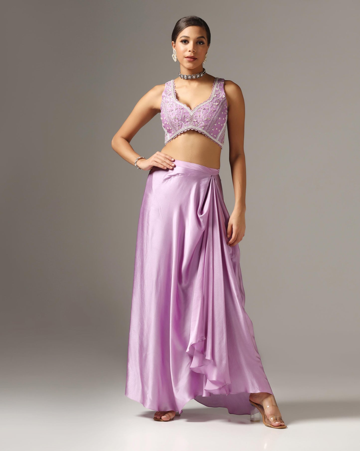 Lilac Organza Embroidered Cape Set