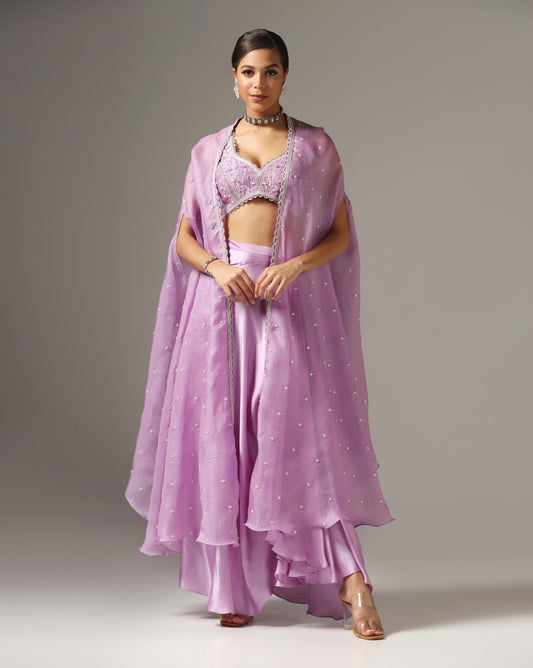 Lilac Organza Embroidered Cape Set