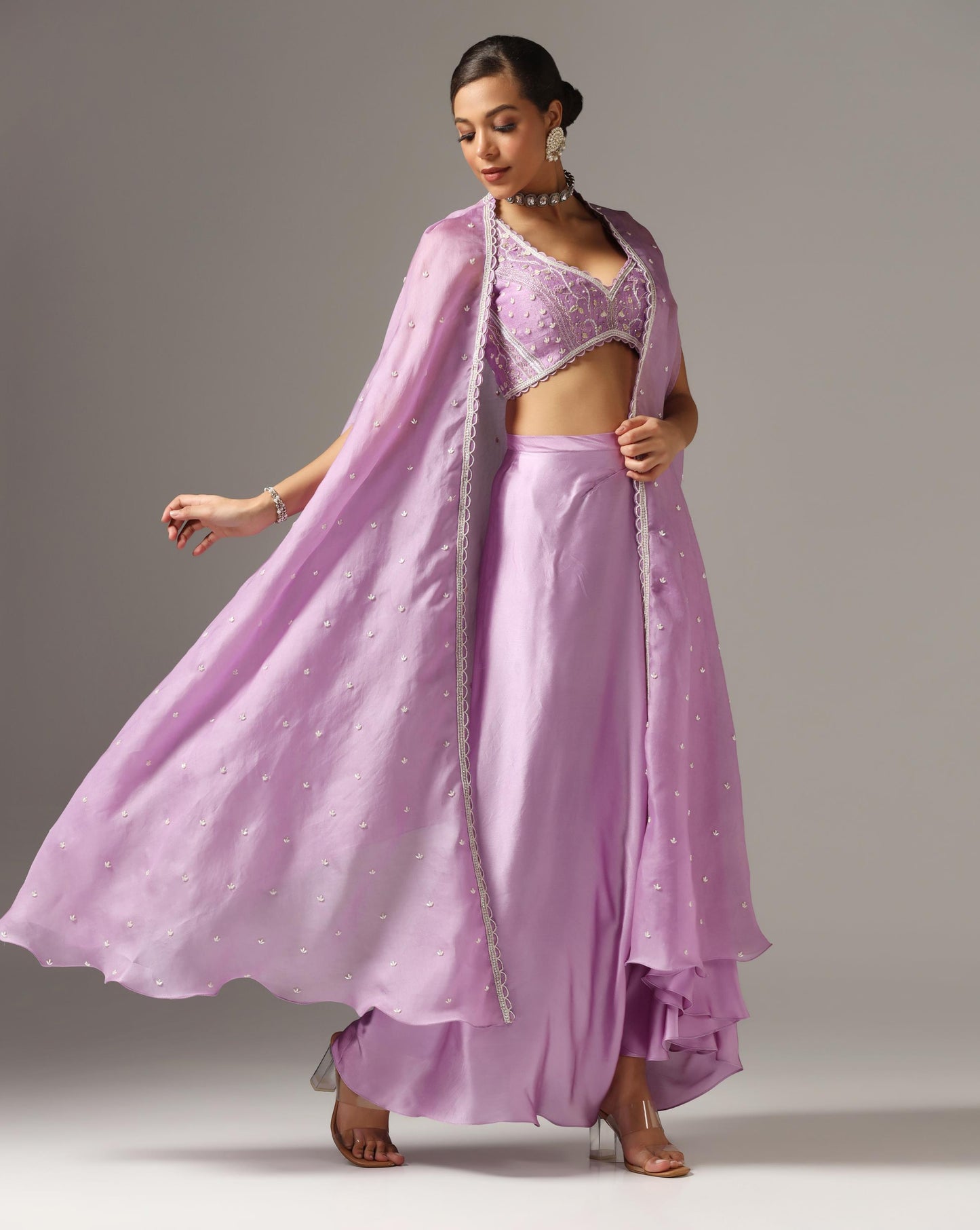 Lilac Organza Embroidered Cape Set