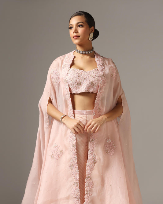 Pink Organza Dori Embroidered Cape Set