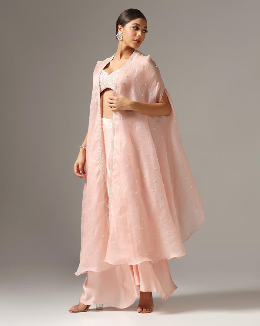 Pink Organza Embroidered Cape Set