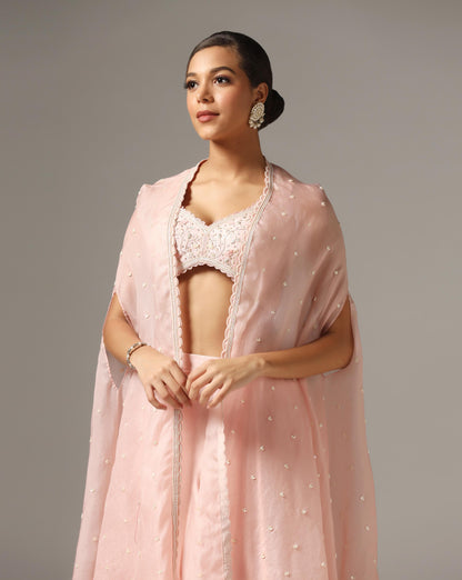 Pink Organza Embroidered Cape Set