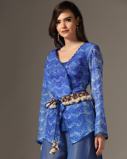 Blue Organza & Raw Silk Embroidered Jacket Set