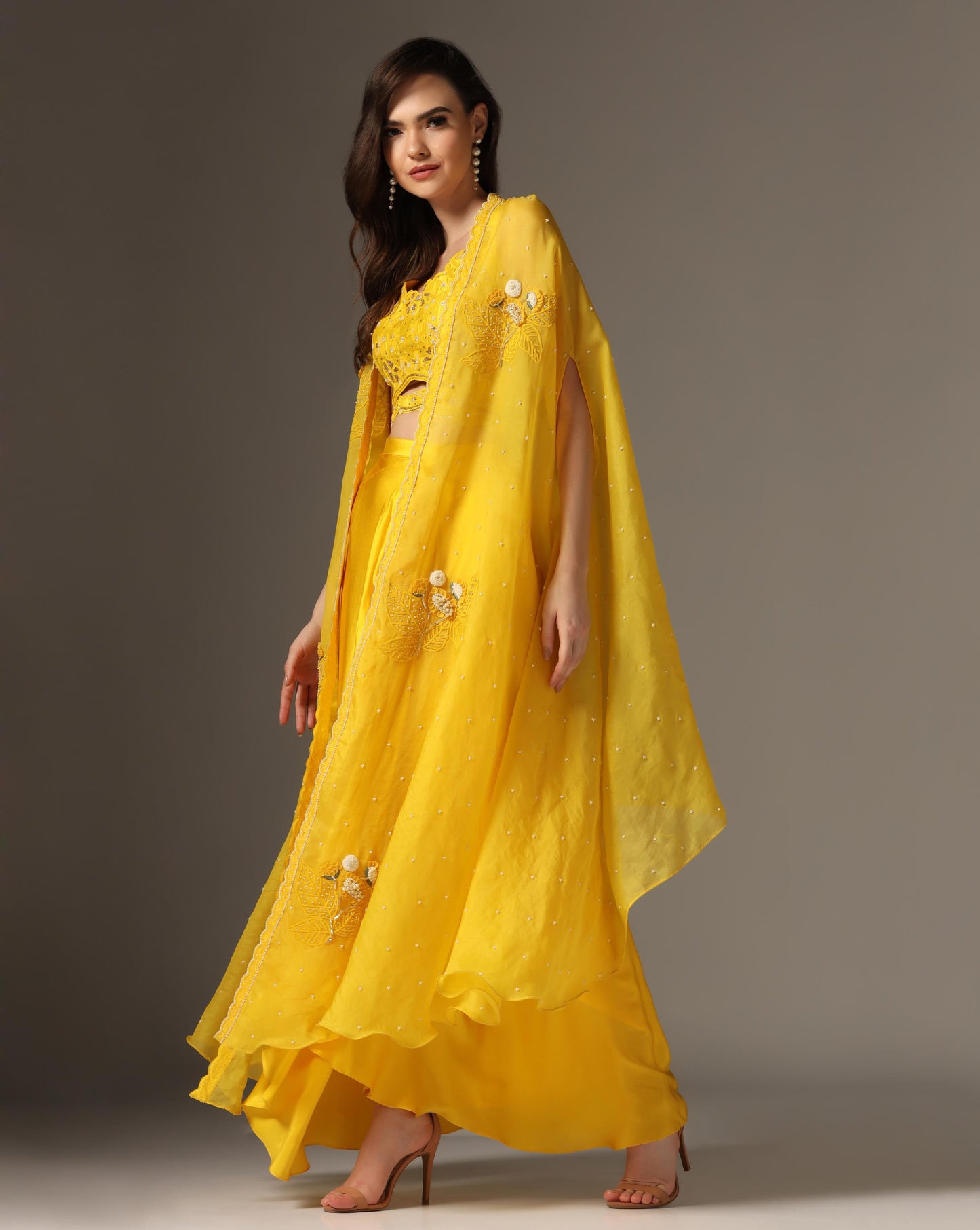 Old rose cape with draped skirt