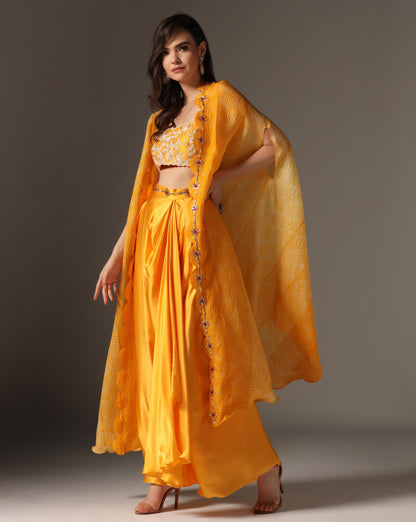 Yellow Raw Silk & Organza Draped Skirt Set
