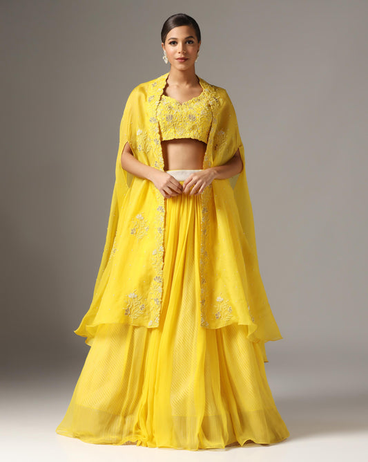 Yellow Organza & Raw Silk Dori Embroidered Jacket Lehenga Set