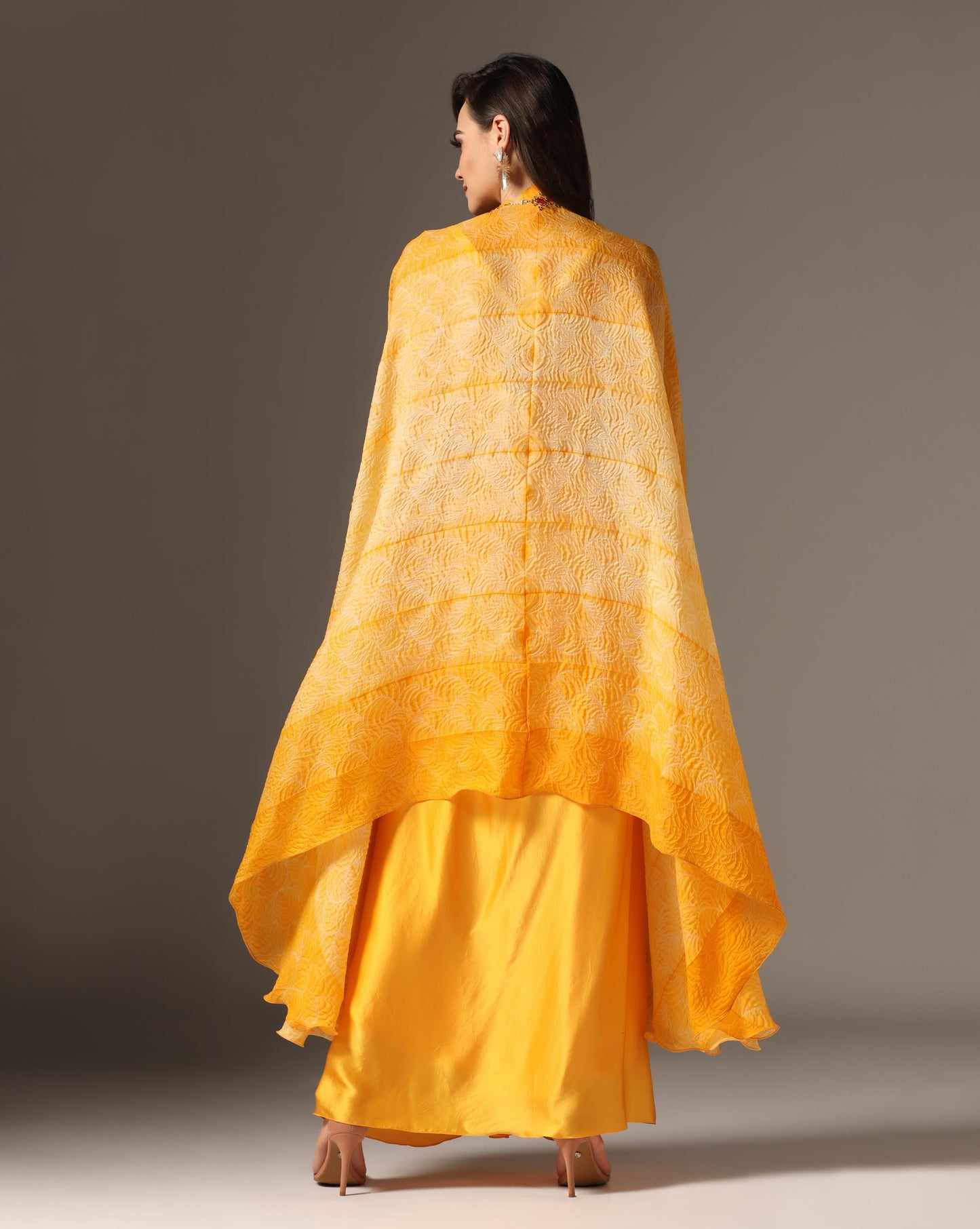 Yellow Raw Silk & Organza Draped Skirt Set