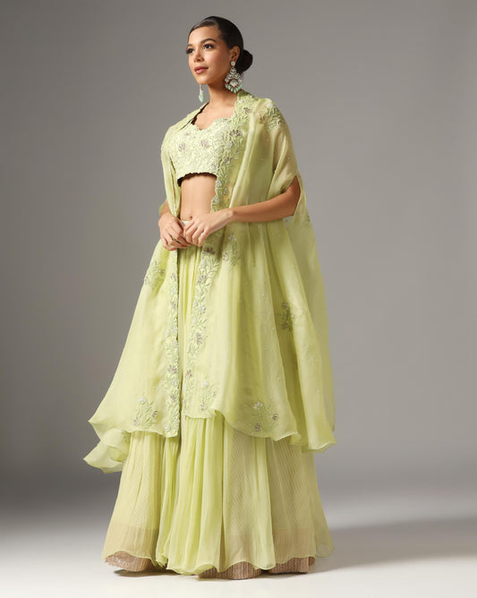 Green Organza & Raw Silk Dori Embroidered Jacket Lehenga Set