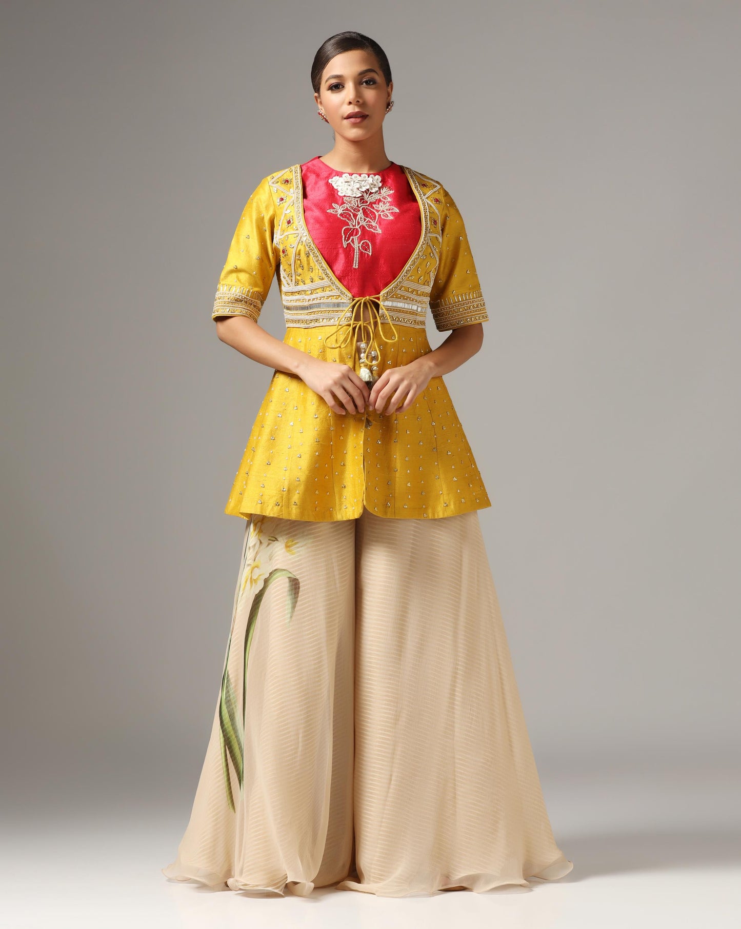 Mustard Raw Silk Embroidered Jacket Set