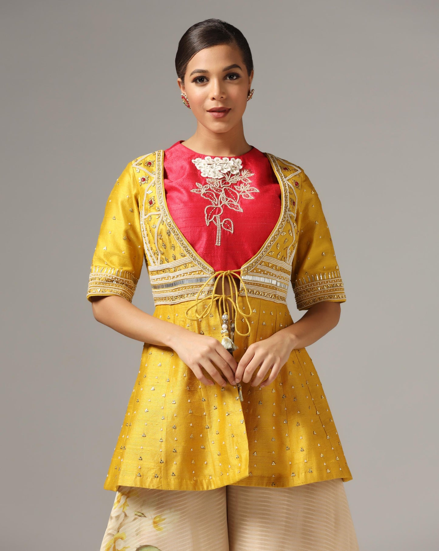 Mustard Raw Silk Embroidered Jacket Set