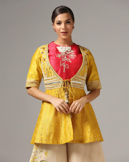 Mustard Raw Silk Embroidered Jacket Set