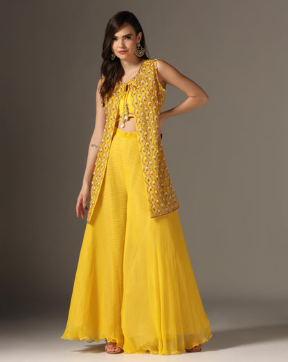 Yellow Organza & Raw Silk Embroidered Jacket Set