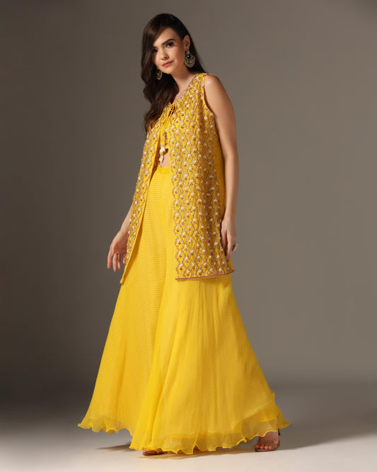 Yellow Organza & Raw Silk Embroidered Jacket Set