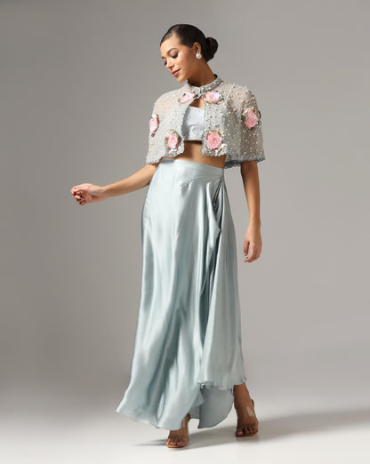 Dull Blue Chamois Satin Draped Skirt Set