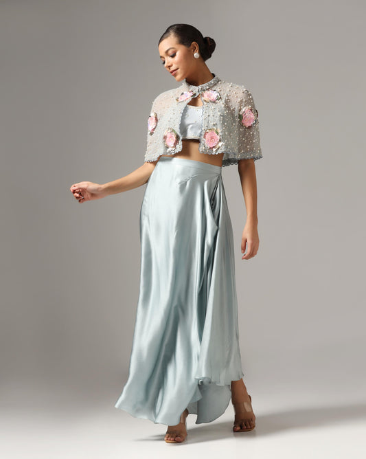 Dull Blue Chamois Satin Draped Skirt Set