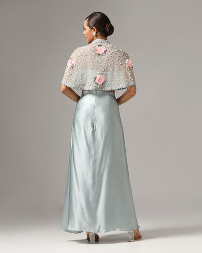 Dull Blue Chamois Satin Draped Skirt Set